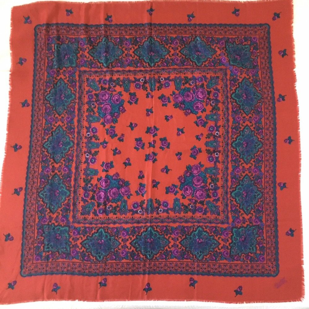 Vintage Vicountessa Valentina Scarf Shawl Wrap 46"x46" Floral Red Purple Blue